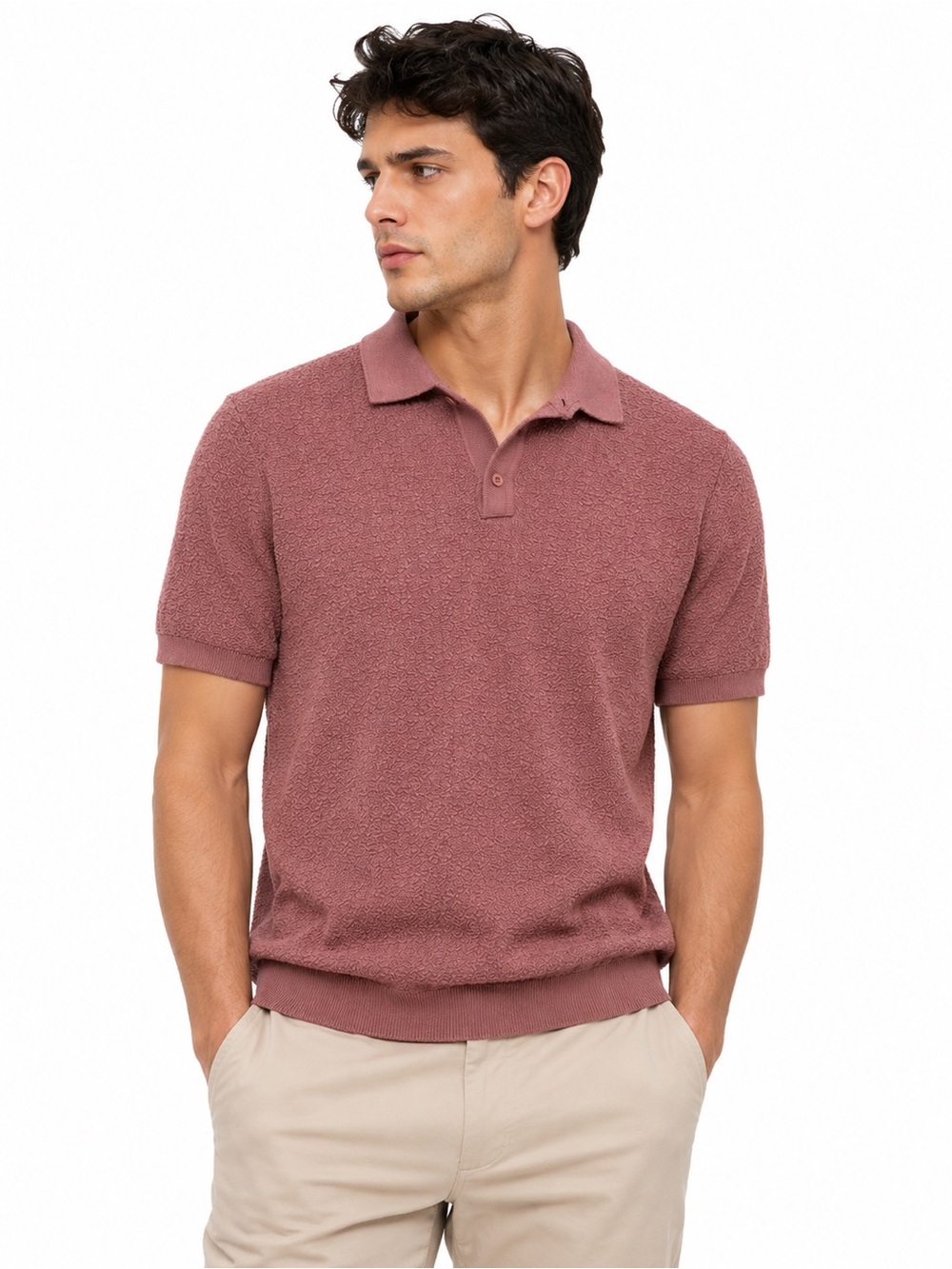 EXPRESS Men’s Textured Knit Short Sleeve Polo Shirt – Mauve